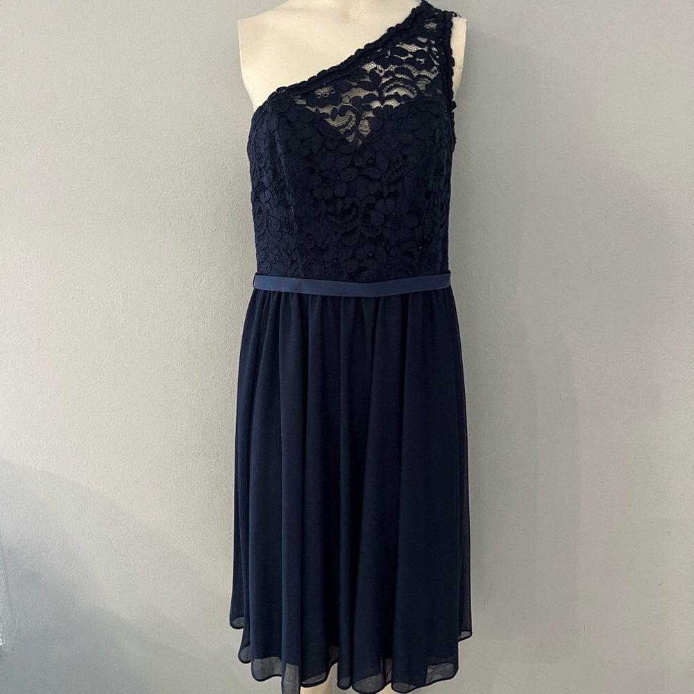 David's Bridal Navy One-Shoulder Lace Dress